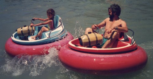 Dad and I riding bumper boats at Ton of Fun, Forster